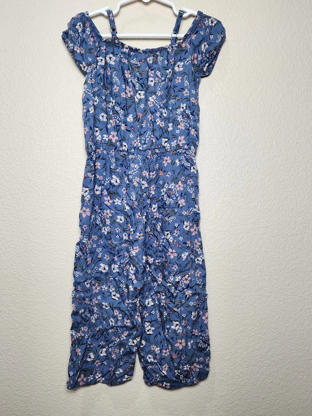 OshKosh B'gosh Blue Floral Romper Cap Sleeves with Pink & White Accents